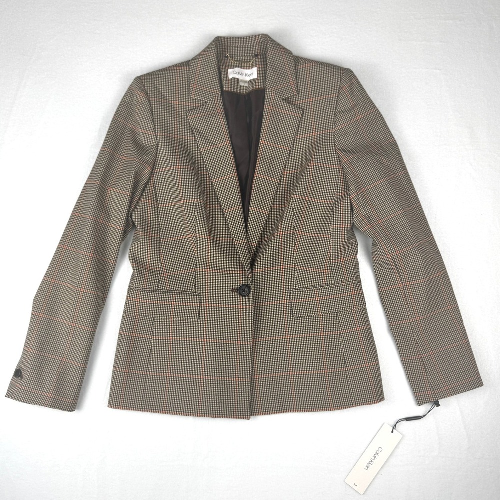 Calvin Klein Womens Brown Plaid Micro Check Single Button Blazer Jacket NWT